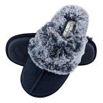 Jessica Simpson Women's Comfy Faux Fur House Slipper Scuff Memory Foam Slip on Anti-Skid Sole, Navy, Large