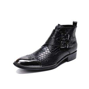Rui Landed Men's Fashion Ankle Boot Casual Retro Snakeskin Texure Metal Pointed Toe Wing Tips Brogue 3.5cm Block Heel Double Monk Straps Pull Tap High-top Mens Gold Dress Shoes(Color:Black,Size:11)