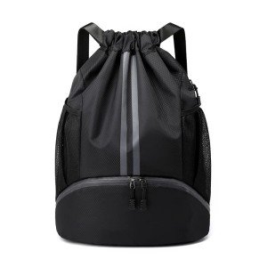 LOKAPEGY Black Drawstring Gym Bag for Men, Waterproof Drawstring Backpack for Women, Swim Bag with Shoes Compartment, Pull String Sport Bag for Soccer and Basketball.