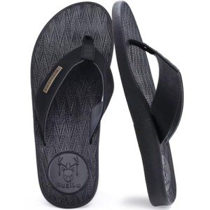KuaiLu Mens Flip Flops Arch Support Orthotic Orthopedic Plantar Fasciitis Comfortable Waterproof Open Toe Summer Beach Leather Thong Sandals Cushion Slip on Slippers Black Size 10