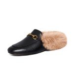Vertundy Women's Mules Low Heel Flats Leather Slip On Backless Sandals for Girls Lady Work Slides Black Fur 6.5