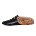 Vertundy Women's Mules Low Heel Flats Leather Slip On Backless Sandals for Girls Lady Work Slides Black Fur 6.5