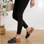 Vertundy Women's Mules Low Heel Flats Leather Slip On Backless Sandals for Girls Lady Work Slides Black Fur 6.5