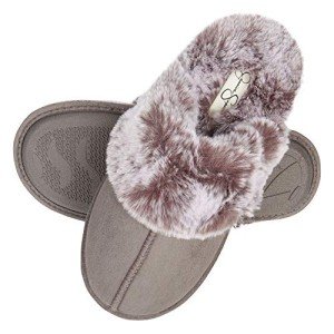 Jessica Simpson Women's Comfy Faux Fur House Slipper Scuff Memory Foam Slip on Anti-Skid Sole, Grey, Large