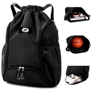 ZIXKUB Basketball Backpack, Soccer Bag with Ball Compartment/Separate Shoe Bag/Wet Pocket, Sports Drawstring Backpack for Men Women, Large Water Resistant Draw String Back Bag Gym Bag for Swim（Black）