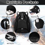 ZIXKUB Basketball Backpack, Soccer Bag with Ball Compartment/Separate Shoe Bag/Wet Pocket, Sports Drawstring Backpack for Men Women, Large Water Resistant Draw String Back Bag Gym Bag for Swim（Black）