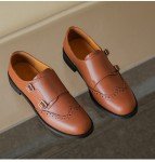 U-lite Womens Monk Strap Shoes Sheepskin Perforated Fashion Buckle Vamp Brouge Oxfords Dress Shoes Brown 10.5