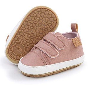 SOFMUO Baby Boys Girls High Top Ankle Leather Sneakers Soft Rubber Sole Infant Moccasins Newborn Oxford Loafers Anti-Slip Toddler Wedding Uniform Dress Shoes(A01/Pink,12-18 Months)