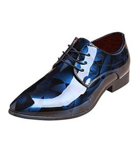Mens Fashion Floral Patent Derby Shoes Lace Up Formal Business Shoes Pointed Toe Shiny Flat Faux Leather Dress Shoes Blue Flower