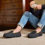 HomeTop Men's Memory Foam Moccasin Slippers, Indoor and Outdoor Warm Fuzzy Fleece House Shoes Black,12 US