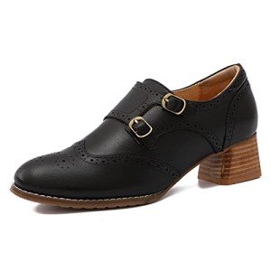 Men's Leather Chunky Heel Monk Strap Oxfords