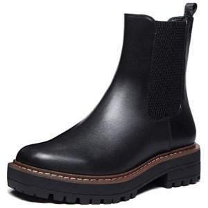 Athlefit Women's Chelsea Ankle Boots Platform Slip On Chunky Heel Lug Sole Leather Booties Black 9