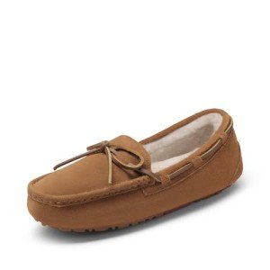 DREAM PAIRS Women's Auzy-02 House Slippers Indoor Outdoor Moccasin Fuzzy Fluffy Furry Loafers Suede Leather Warm Shoes Size 9.5-10, Chesnut