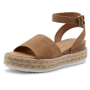 Shoe Land Legossa Womens Platform Sandals Ankle Strap Espadrilles Comfortable Open Toe Flatform Wedge Casual Sandal Black White Tan Platform Sandals for Summer, 1825/Tan, Size 7.5