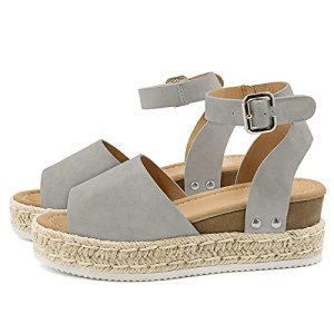 Athlefit Women's Platform Sandals Espadrille Wedge Ankle Strap Studded Open Toe Sandals Size 8.5 Grey