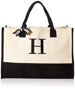 Mud Pie Classic Black and White Initial Canvas Tote Bags (H), 100% Cotton, 17" x 19" x 2"