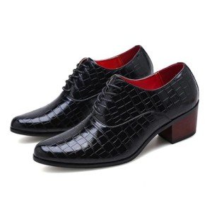 Men's Stone Pattern Chunky Heel Leather Dress Oxford Shoes Fashion Classic Pointed Toe Lace Up Low Top Business Formal Derby Shoes (Black,10)