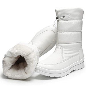 HYPOCRUTE Women's Warm Snow Boots with Fur Lined Black and White Wide Winter Boots Water-resistant Mid Calf Boots for Hiking,Working,Outdoors(White US8)