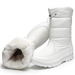 HYPOCRUTE Women's Warm Snow Boots with Fur Lined Black and White Wide Winter Boots Water-resistant Mid Calf Boots for Hiking,Working,Outdoors(White US8)