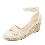 DREAM PAIRS Women's Espadrilles Closed Toe Ankle Strap Dressy Platform Wedge Sandals,Size 9,Beige/White,Amanda-2