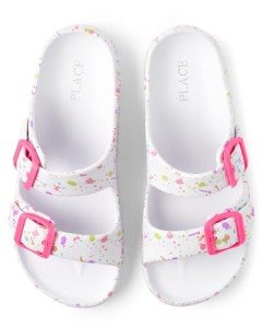 The Children's Place Girls Double Buckle Slip On Slide Sandals, White Paint Splatter, 3 Big Kid