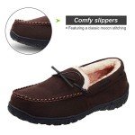LA PLAGE Men's Moccasin Slippers Memory Foam Warm Plush House Slippers, Indoor Outdoor Comfortable Winter House Shoes 13 US Dark Brown
