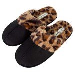 Jessica Simpson Women's Comfy Faux Fur House Slipper Scuff Memory Foam Slip on Anti-Skid Sole, Black/Leopard, Large