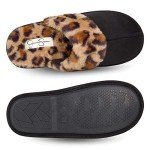 Jessica Simpson Women's Comfy Faux Fur House Slipper Scuff Memory Foam Slip on Anti-Skid Sole, Black/Leopard, Large