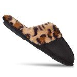 Jessica Simpson Women's Comfy Faux Fur House Slipper Scuff Memory Foam Slip on Anti-Skid Sole, Black/Leopard, Large