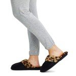 Jessica Simpson Women's Comfy Faux Fur House Slipper Scuff Memory Foam Slip on Anti-Skid Sole, Black/Leopard, Large
