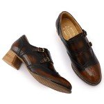 Mona flying Womens Leather Chunky Heel Monk Strap Oxfords Wingtip Ladies Mid Heel Dress Loafers Pumps Shoes with Buckle Yellow Black