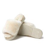 Dearfoams womens Fireside By Dearfoams Cairns Shearling Slide With Metallic Trim Slipper, Natural, 6 US