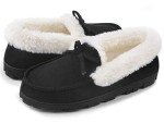 DL Women's Moccasin Slippers Comfy Micro Suede Memory Foam House Shoes with Indoor Outdoor Anti-Skid Rubber Sole Black, 7