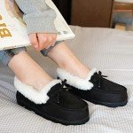 DL Women's Moccasin Slippers Comfy Micro Suede Memory Foam House Shoes with Indoor Outdoor Anti-Skid Rubber Sole Black, 7