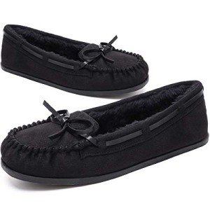 KOLILI House Slippers for Women Fuzzy Moccasin Shoes Suede Loafers Black/7 M US