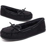KOLILI House Slippers for Women Fuzzy Moccasin Shoes Suede Loafers Black/7 M US
