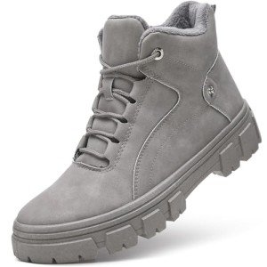 ZGR Womens Ankle Combat Snow Boots,Black Lace Up Waterproof Hiking Boots For Women,Winter Fur Lined Boots With Side Zipper（Grey.us9