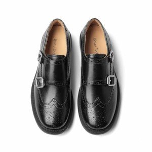 BEAU TODAY Monk Straps Loafers for Women, Womens Leather Loafer Shoes, Slip-on Comfortable Business Casual Brogue Shoes Double Buckles Wingtip Dress Shoes New Black Size 5.5