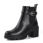 Shoe'N Tale Chelsea Boots for Women Ankle Boots Lug Sole Mid Chunky Heel Platform Round Toe Buckle Slip On Elastic Fashion Comfortable Booties(8,Black PU)