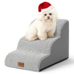 COZY KISS Dog Stairs for Small Dogs, Curved Pet Step with Leakproof Cover, High Density Foam Cat Ramp for Bed or Sofa, Lightweight, Durable, Comfort, 15.7x22.4x15.7 inch, 3 Tiers, White Black