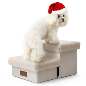COZY KISS Pet Stair for Small Dogs with Storage, 9.6" H Foldable Dog Ramp with Soft Leakproof Cover, Older Cat Steps for Chair Couch Sofa, Lightweight, Comfort, 19.7x13x9.6 inch, Beige, 2 Tiers