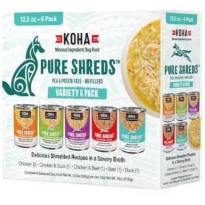 KOHA Pure Shreds Dog Food, 5 Flavors Variety Pack, Wet Food for Picky Eaters, Low Fat, High Protein, 12.5oz Cans, 6 Pack, 5.82 pounds