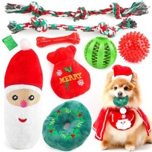 HOHOM Christmas Dog Toys, 9 Pack Luxury Puppy Chew Toy, Cotton Squeaky Plush Toys for Small Dogs, Durable Interactive Rope Treat Dog Ball and Bones, Rubber Teething Toys for Puppies Dogs