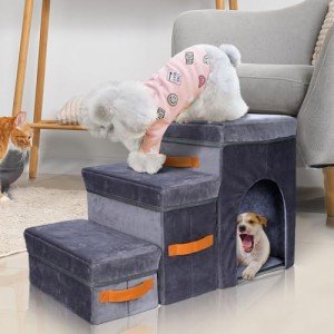 Topmart Foldable Dog Stairs for Bed,3-Step Pet Stairs for Small Dogs, Dog Ramp with 2 Storage Boxes & Dog Condo for Older, Injured & Short-Legged Dogs