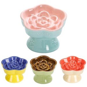 S&Q's CERAMICS Raised Slow Feeder Cat Bowl, Ceramic Elevated and Titled Glass Cat Food Bowl Small Dogs Slow Feeder Bowl, Flower Shaped Cute Cat Bowl for Dry and Wet Food (Pink, 5.8")
