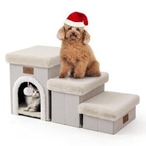 COZY KISS Pet Stairs with Storage or Condo, 14" H Small Dogs Foldable Step with Soft Cover, Older Cat Steps for Bed Couch Sofa, Stable, Comfort, Up to 180 Lbs, 13x27x14 inch, 3 Tiers, Beige