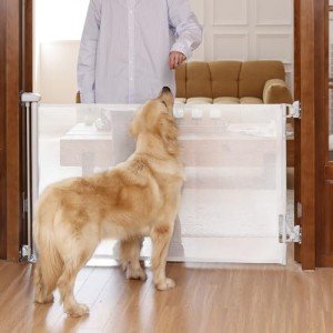 Donachi White Rotary Knob Dog Gate (33” Tall x 55” Wide) Retractable Baby Gate Mesh Pet Gate for Puppy Dogs Cat Gate for Doorway/Stairs/Indoor and Outdoor Toddler Child Safety Door