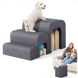 SereneCloud Dog Stairs for Small Dogs, 3-Step Dog Ramp for Bed, Pet Stairs for Small Medium Dogs and Pets with Storage for Bed Couch Sofa Climbing, Lightweight and Comfort, Grey