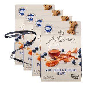 moofin Vita Bone s Dog Treats Large Artisanal Maple Bacon Blueberry 16 oz, Bundle Pet Training Stainless Steel clicker Whistle ultrasonic, Cookie Dog, Healthy Dog Biscuits (Pack of 4)