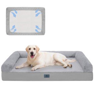 Veehoo Washable XXL Dog Bed for Extra Large Sized Dogs-2 in 1 Dog Couch Bed with Removable Bolster Fitted Sheet Cover, Big Orthopedic Dog Sofa Bed Pet Bed with Non-Slip Bottom&Egg Crate Foam 53" x 41"